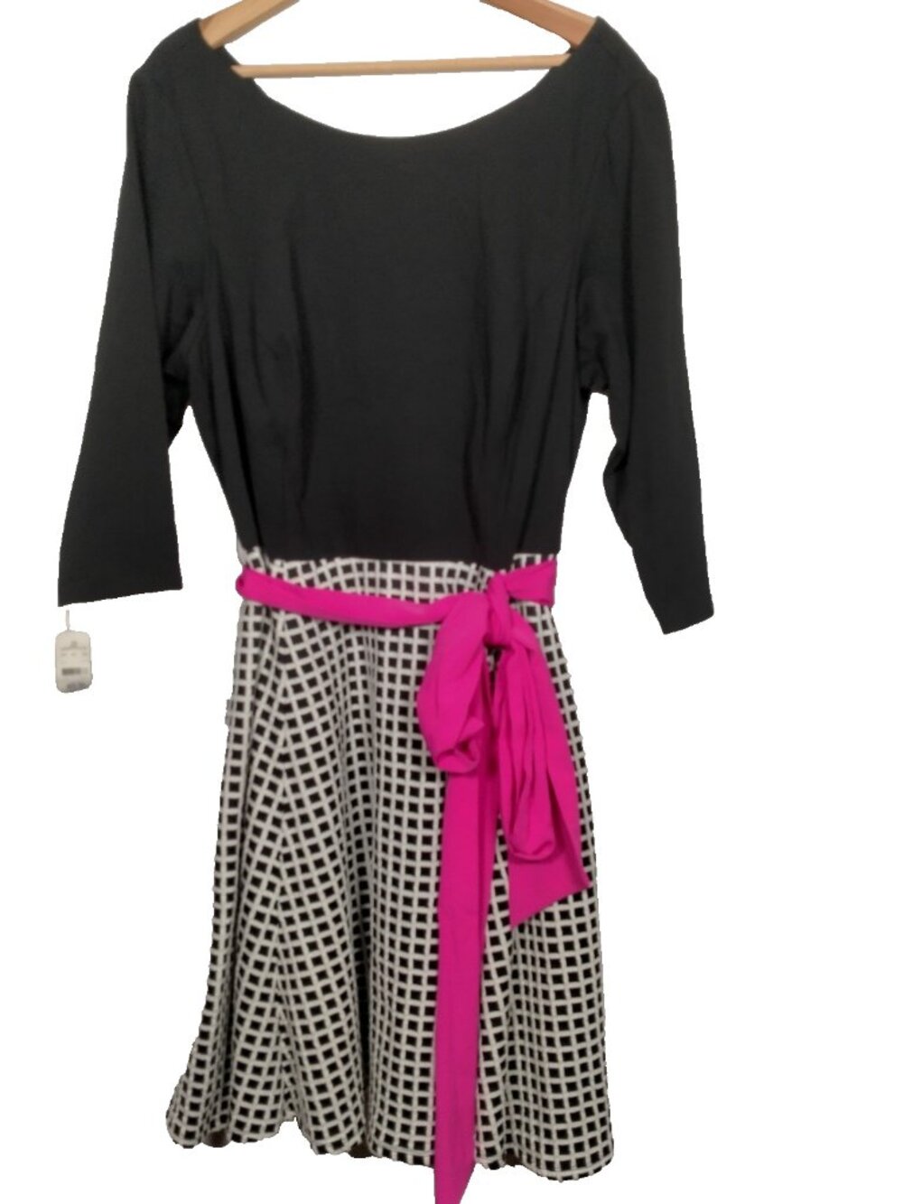 Eliza J Dress Plus Size 20W Knit Black White Checkered Pink Belt Rockabilly